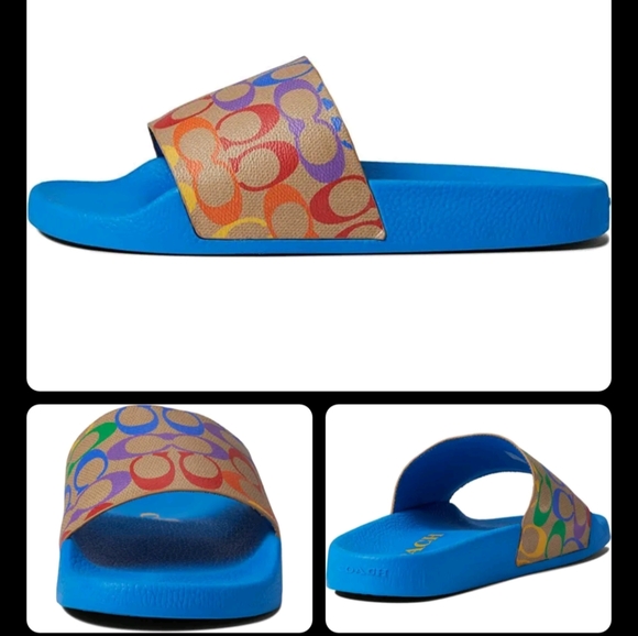 🔥Coach men's rainbow blue slides pool sandals flip-flops shoes new Logo Summer - Picture 1 of 9